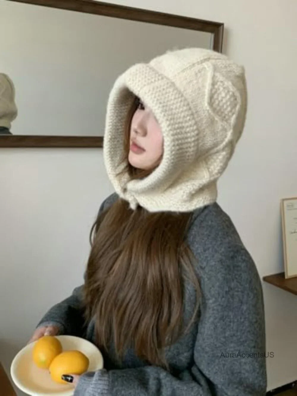 Women's Oversized Wool Knit Balaclava Hat Hooded Scarf Chunky Cable Knit Winter